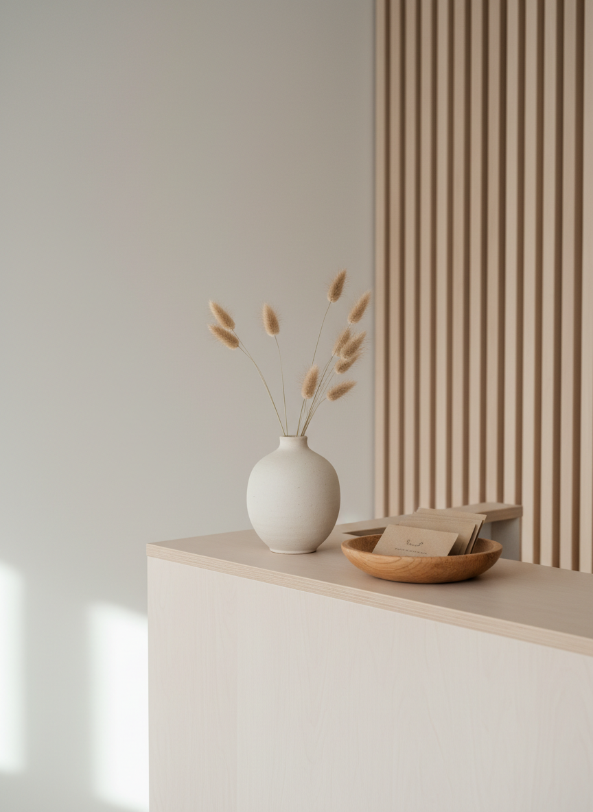 A minimalist reception area of a holistic treatment and qigong studio in Alingsås, Sweden, captured in photographic realism. A smooth, light-wood desk holds a single stoneware vase with simple dried grasses and a small wooden bowl containing natural appointment reminder cards turned face-down. Behind, clean white walls and a subtle vertical wooden slat detail add texture without clutter. Soft, diffused daylight from a nearby window washes the scene in a calm, neutral glow, with gentle shadows under the desk edge. Framed using the rule of thirds from an eye-level perspective, the composition feels open and orderly, projecting professionalism, trust, and a sophisticated Scandinavian aesthetic that aligns with wellness, balance, and calm.
