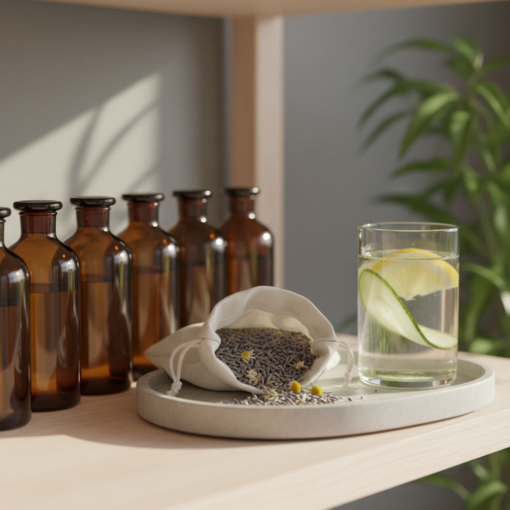 A close-up, photographic-realistic view of a carefully prepared herbal wellness corner, featuring neatly labeled amber glass bottles (labels turned away from the camera), a small linen pouch of dried lavender and chamomile spilling slightly onto a smooth stone tray, and a clear glass of infused water with thin cucumber and lemon slices. The setting is a sunlit shelf in a holistic treatment studio in Alingsås, Sweden, with pale wooden surfaces and a soft gray wall in the background. Late afternoon sunlight creates delicate highlights on the glass, soft reflections on the bottles, and gentle bokeh from a blurred plant behind. Shot at eye level with a shallow depth of field, the mood is refined, calm, and trustworthy, suggesting natural, professional support for balance and well-being.