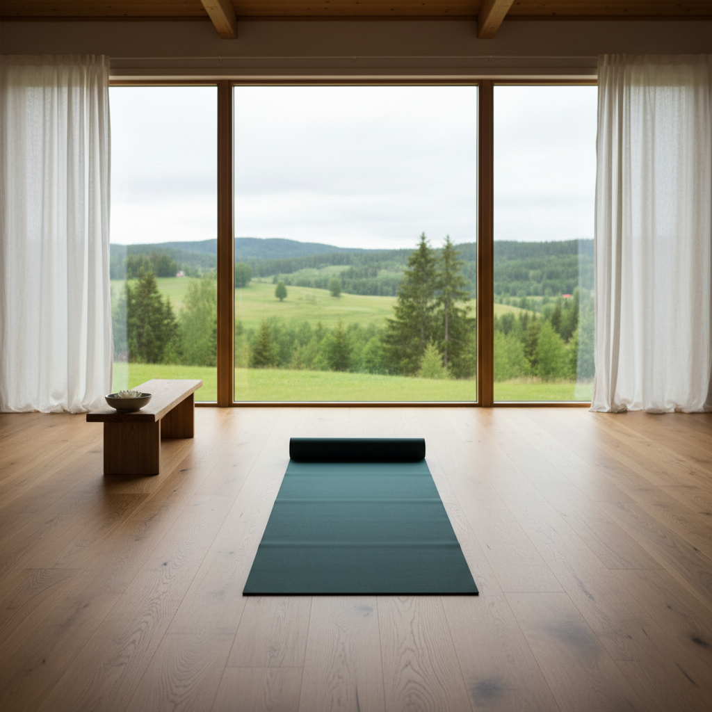 A tranquil qigong practice space without people, featuring a single neatly laid dark teal mat centered on a warm oak floor, facing a large window that overlooks soft-focus greenery typical of the Swedish landscape near Alingsås. Beside the mat rests a small, low wooden bench with a ceramic bowl filled with clear water and a single white floating flower, symbolizing balance and inner stillness. Overcast natural light fills the room, diffused through translucent white curtains, smoothing all shadows and bathing the space in an even, calming brightness. Photographic realism with a wide-angle lens from a slightly elevated viewpoint, emphasizing spaciousness, clean lines, and an uncluttered, sophisticated atmosphere ideal for gentle movement and breath-focused qigong practice.