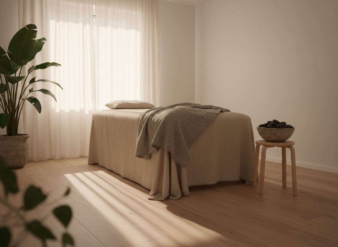 A serene treatment room styled for holistic healing, with a low, wide massage table draped in soft linen in muted sand tones, a neatly folded gray wool throw at the foot, and a smooth wooden stool holding a ceramic bowl of polished river stones. The room is in a calm space in Alingsås, Sweden, with light oak floors and white walls accented by a single leafy green plant in a stone pot. Soft morning daylight filters through sheer curtains, creating gentle shadows and a tranquil glow. Photographic realism from an eye-level perspective, with a balanced, minimalist composition and shallow depth of field that keeps the table in sharp focus while the corners of the room fade into a creamy blur, conveying professional, trustworthy care and deep relaxation.