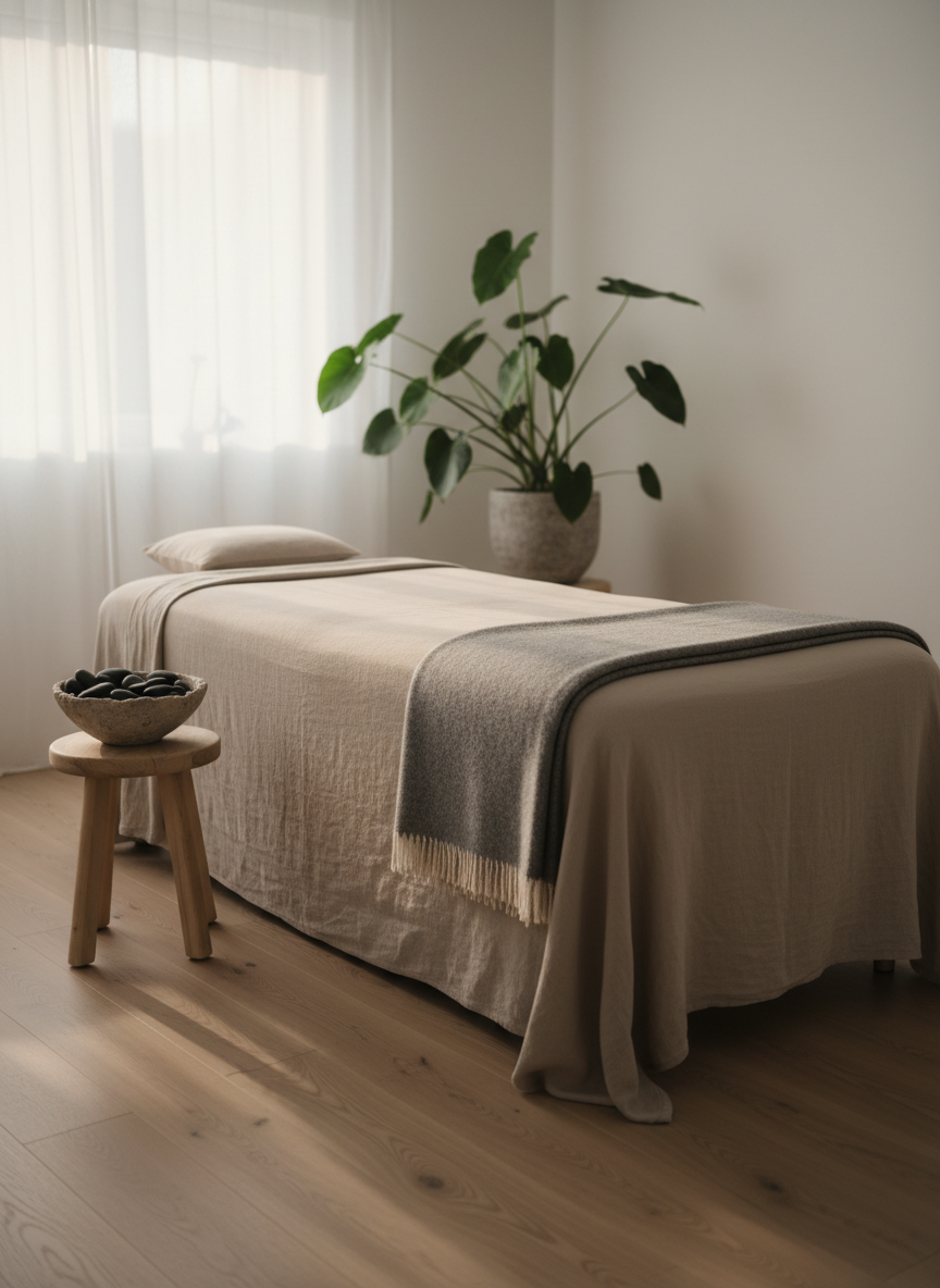 A serene treatment room styled for holistic healing, with a low, wide massage table draped in soft linen in muted sand tones, a neatly folded gray wool throw at the foot, and a smooth wooden stool holding a ceramic bowl of polished river stones. The room is in a calm space in Alingsås, Sweden, with light oak floors and white walls accented by a single leafy green plant in a stone pot. Soft morning daylight filters through sheer curtains, creating gentle shadows and a tranquil glow. Photographic realism from an eye-level perspective, with a balanced, minimalist composition and shallow depth of field that keeps the table in sharp focus while the corners of the room fade into a creamy blur, conveying professional, trustworthy care and deep relaxation.