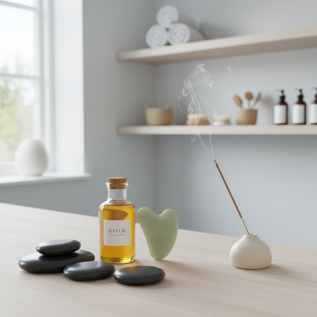 An immaculate arrangement of holistic wellness tools on a pale wooden counter, including smooth basalt hot stones, a small glass bottle of golden herbal oil, a pale jade gua sha stone, and a simple ceramic incense holder releasing a thin wisp of smoke. In the background, a softly blurred glimpse of a Scandinavian-style clinic interior in Alingsås, Sweden, with white walls and light wood shelving holding neatly organized linen and natural products. Gentle afternoon daylight streams in from the left, creating subtle highlights on the oil and stones. Photographic realism, shot from a slightly elevated angle using the rule of thirds, with calm, cool color tones and a refined, sophisticated mood that communicates balance, professionalism, and holistic well-being.