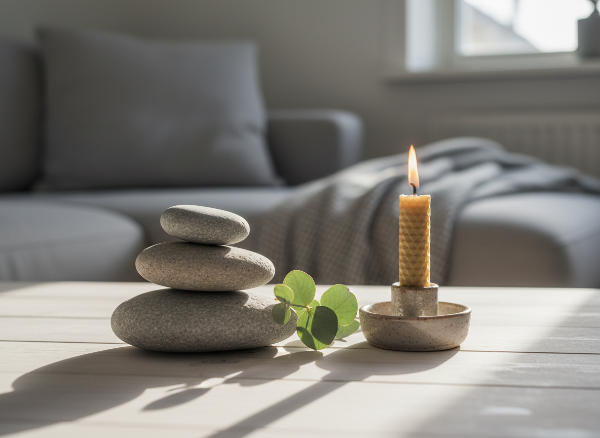 A carefully composed still life representing balance and holistic well-being: three smooth river stones stacked in a stable tower on a pale wooden surface, beside a lit beeswax candle in a simple ceramic holder and a sprig of fresh green leaves resting lightly against the stones. The background is a softly blurred hint of a Scandinavian interior in Alingsås, Sweden, with light gray tones and natural fabric textures. Soft morning light from the right side creates mellow highlights on the stones and a gentle glow around the candle flame, casting subtle, elongated shadows. Photographic realism with a tight, eye-level composition and shallow depth of field, creating an intimate, contemplative mood that suggests inner harmony, gentle healing, and sophisticated calm.
