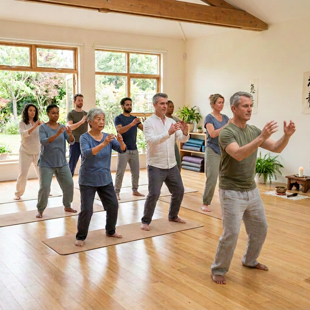 Eight people practicing tai chi on mats in a sunlit room with wooden floors