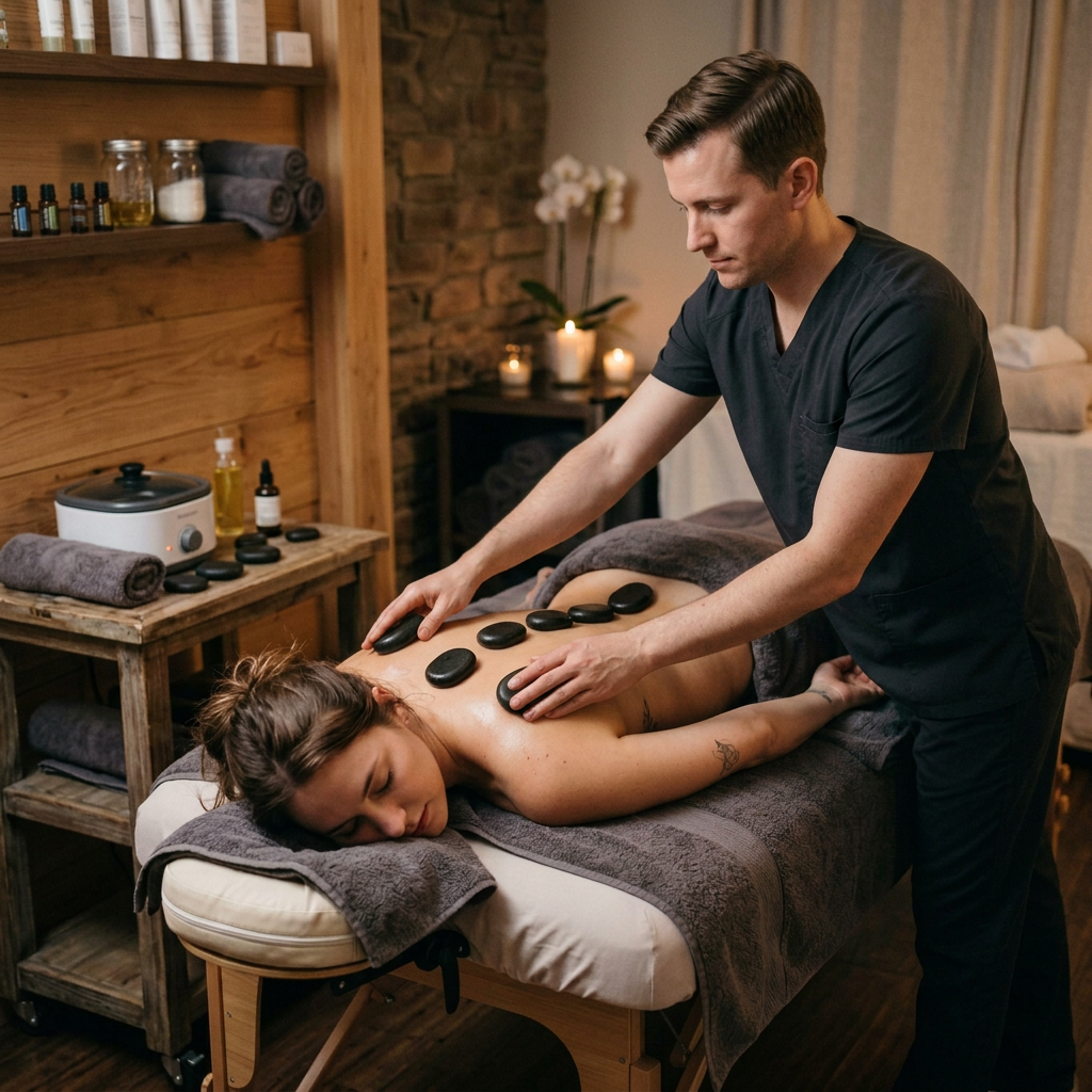 holistiska behandlingar Therapist performing hot stone massage with black stones on client's back in spa