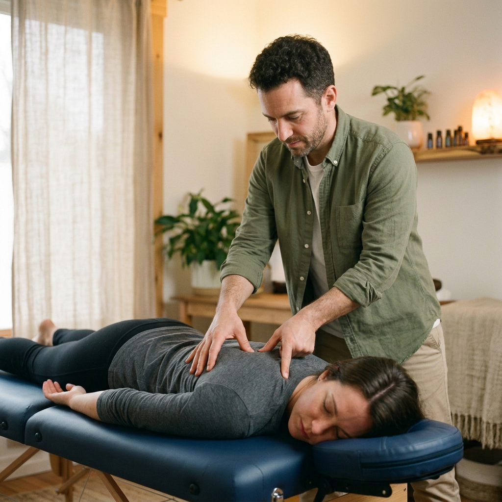 Therapist inserting acupuncture needles into patient's back on treatment table