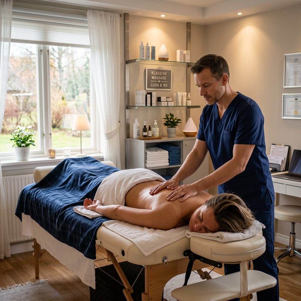 Therapist performing a classic back massage on a person lying on a massage table covered with towels