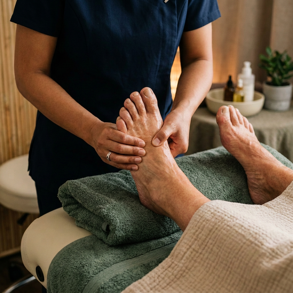 Therapist performing a foot massage on a patient lying on a massage table